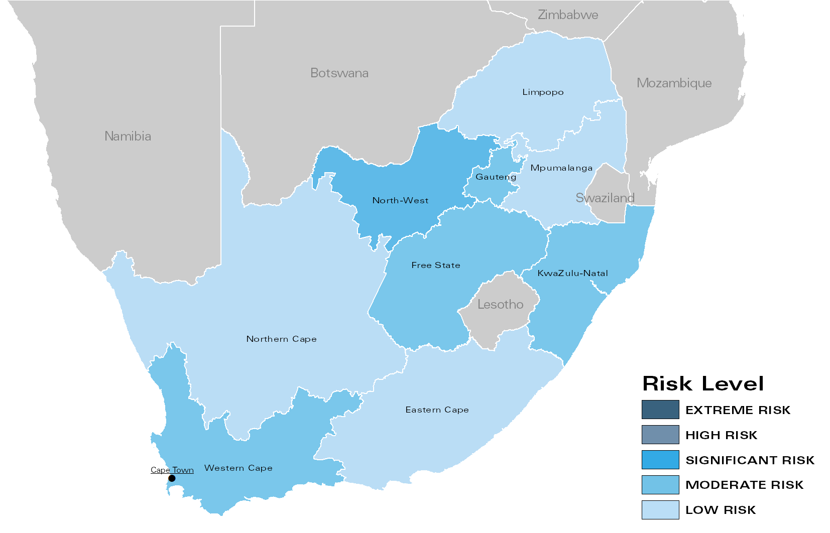 Fig. 2: Regional Risk Levels for South Africa in February 2018 (all conflicts)