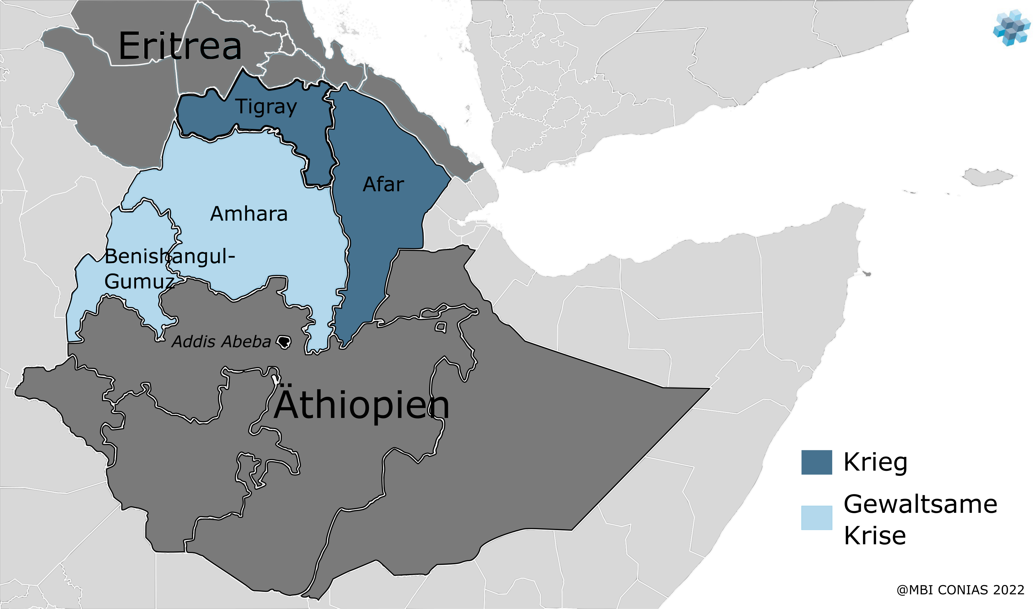 Karte, die die Akteuere im vergessenen Konflikt in Äthiopien darstellt